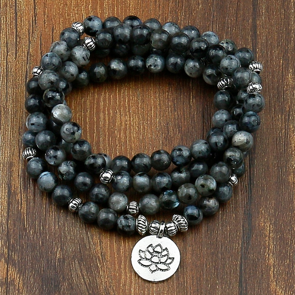 Collar Pulsera Mala OM, Flor De Loto, Buda, De Labradorita Natural