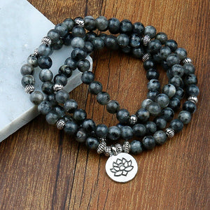 Collar Pulsera Mala OM, Flor De Loto, Buda, De Labradorita Natural